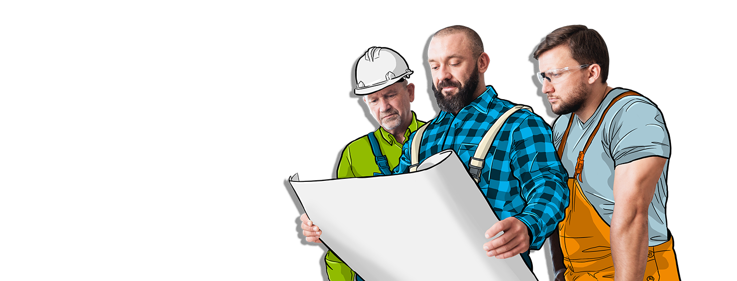 Drei Handwerker mit Bauplan